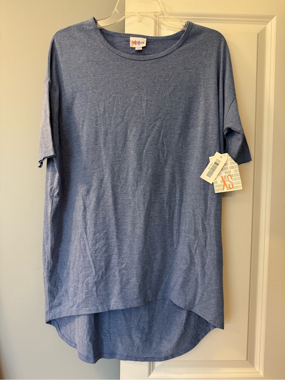 NWT LuLaRoe Blue Heathered Irma Short Sleeve Tunic Top Size XS
